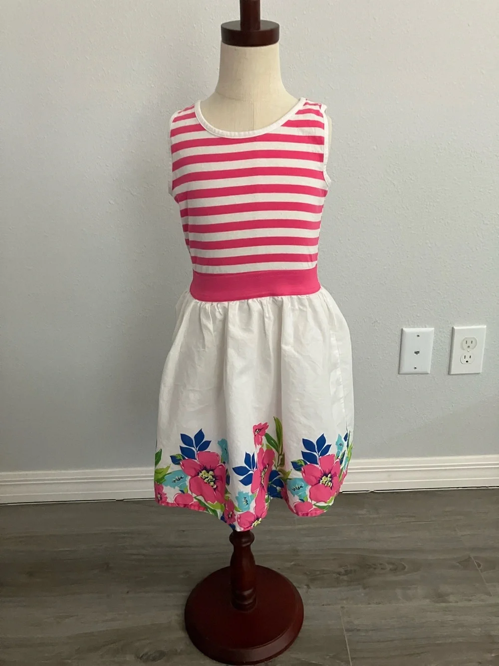 The Children's Place girls' striped and floral fit-and-flare pink dress | M 7-8